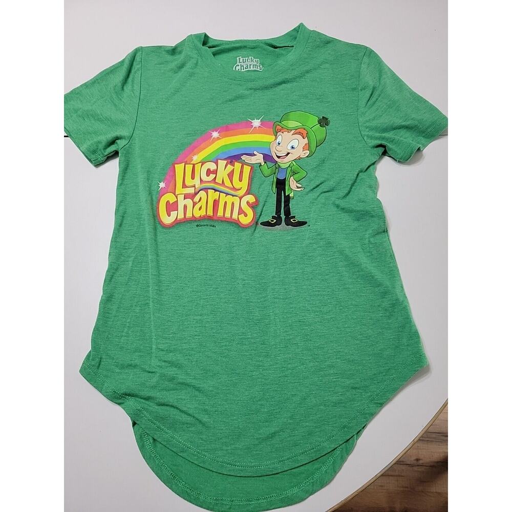 Lucky Charm Graphic Tee Womens XS Green Short Sleeve Top Spell Out Rainbow Shirt